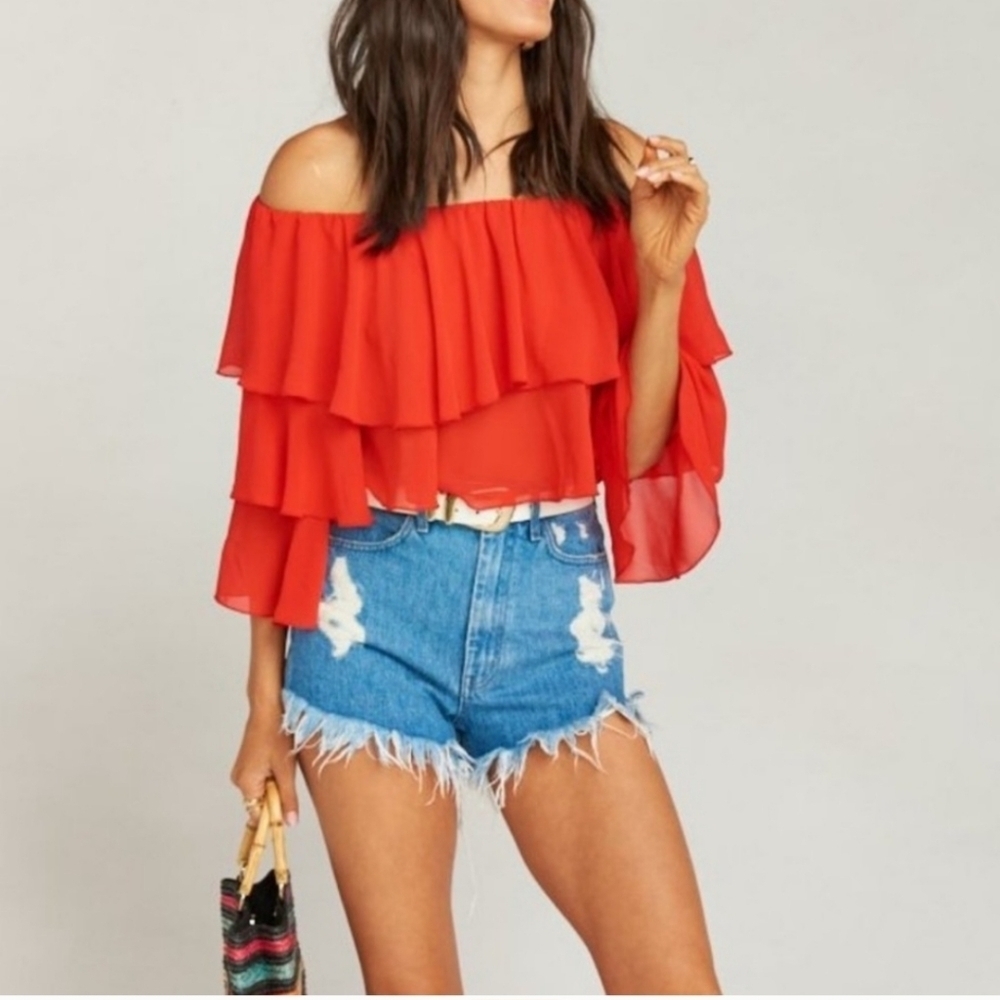 Show Me Your Mumu Red Ruffle Off the Shoulder Flounce Crop Top